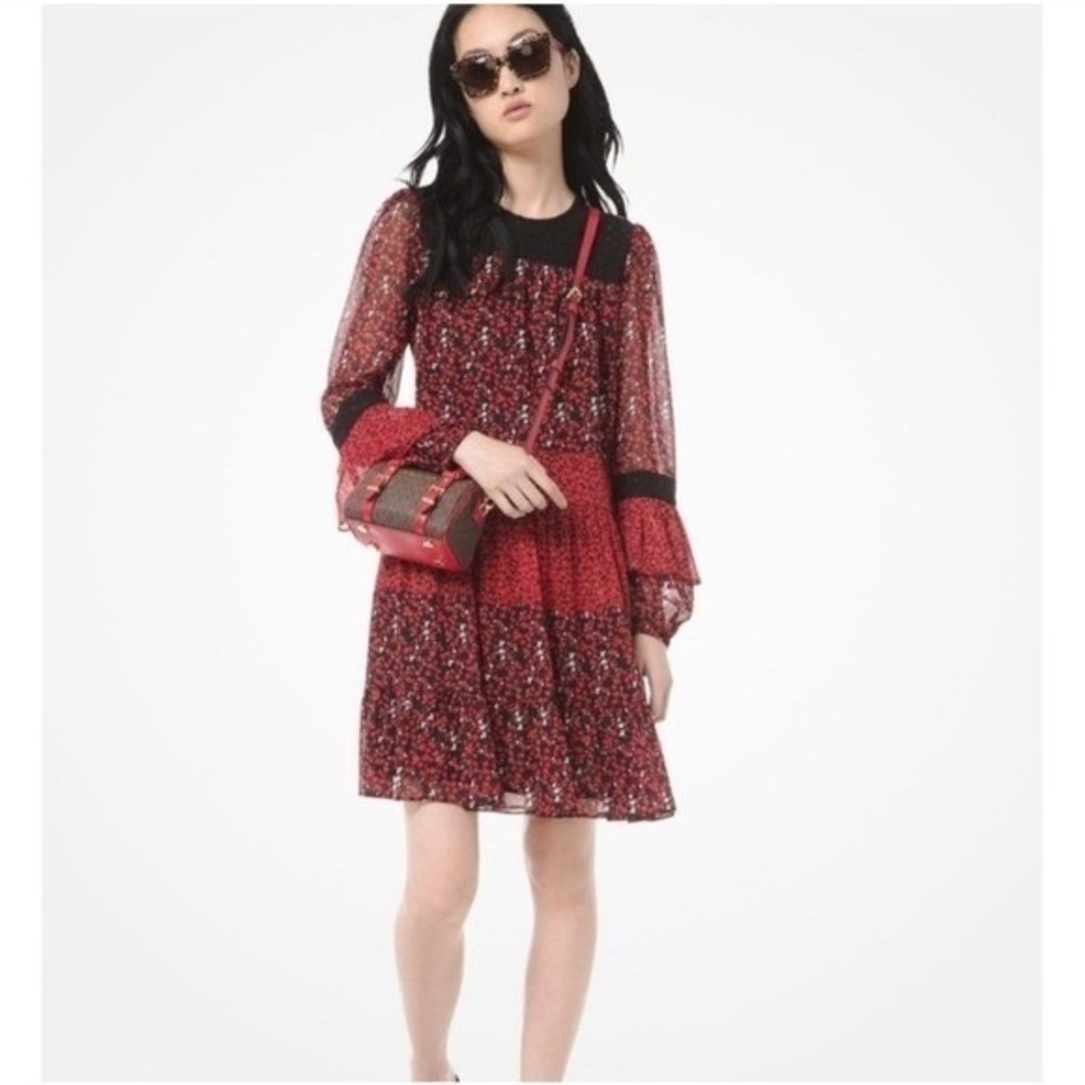 Michael Kors Women Scarlet Black Floral Metallic Tiered Mini Dress MF98ZFKDSA M